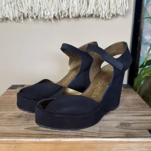 Pedro Garcia Black Genuine Suede Peep Toe Ankle Strap Platform Wedge Sandal