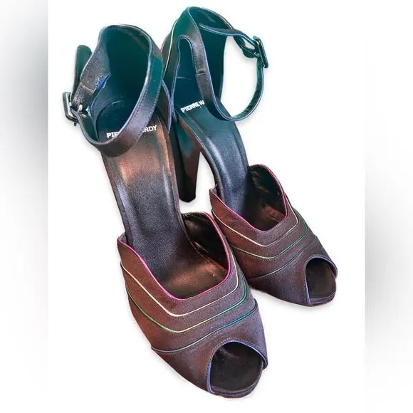 Pierre Hardy Black Satin Neon Trim Peep-Toe Heels Euro 40