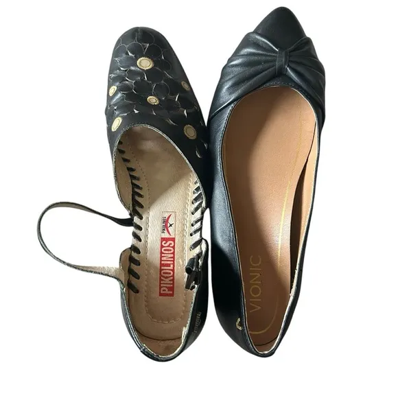 Pikolinos black floral cut out leather Mary Janes size 39/8 ankle strap retro