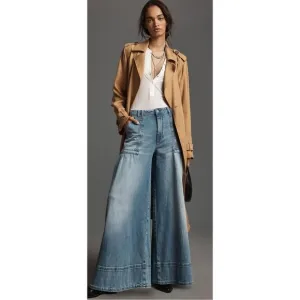 Pilcro High Rise Wide Leg Cropped Jeans Embroidered Pockets Denim Blue Size 32