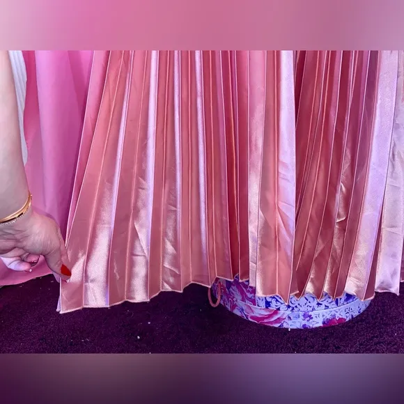 Pink Old Hollywood Glam Pleated Maxi Dress Gown Vintage OffShoulder Medium Large