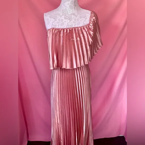 Pink Old Hollywood Glam Pleated Maxi Dress Gown Vintage OffShoulder Medium Large