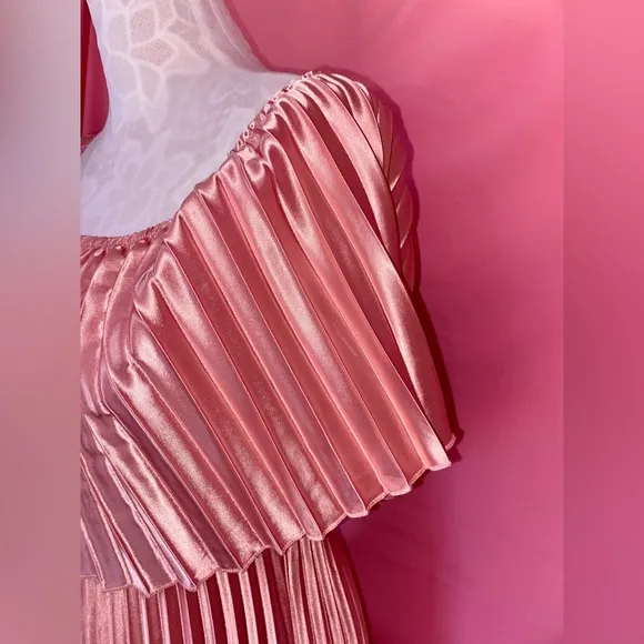 Pink Old Hollywood Glam Pleated Maxi Dress Gown Vintage OffShoulder Medium Large