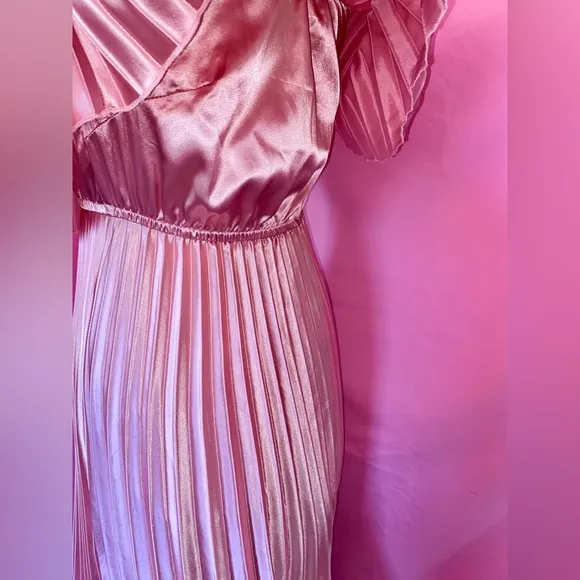 Pink Old Hollywood Glam Pleated Maxi Dress Gown Vintage OffShoulder Medium Large