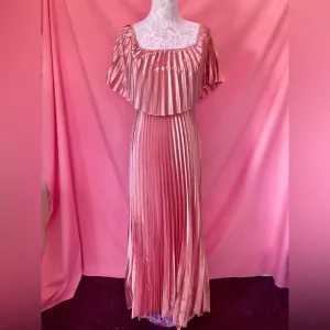 Pink Old Hollywood Glam Pleated Maxi Dress Gown Vintage OffShoulder Medium Large