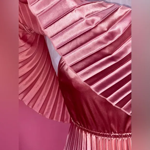 Pink Old Hollywood Glam Pleated Maxi Dress Gown Vintage OffShoulder Medium Large
