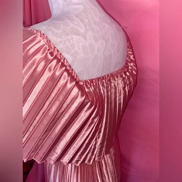 Pink Old Hollywood Glam Pleated Maxi Dress Gown Vintage OffShoulder Medium Large
