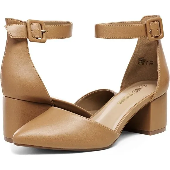 Pointed Toe Low Chunky Heels Pump Natural Skin  Shoes comfort latex Insole