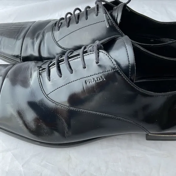 PRADA Black Leather Cap Toe Lace Up Oxford Dress Shoes Men’s Size UK 11 / US 12