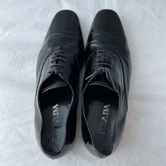 PRADA Black Leather Cap Toe Lace Up Oxford Dress Shoes Men’s Size UK 11 / US 12