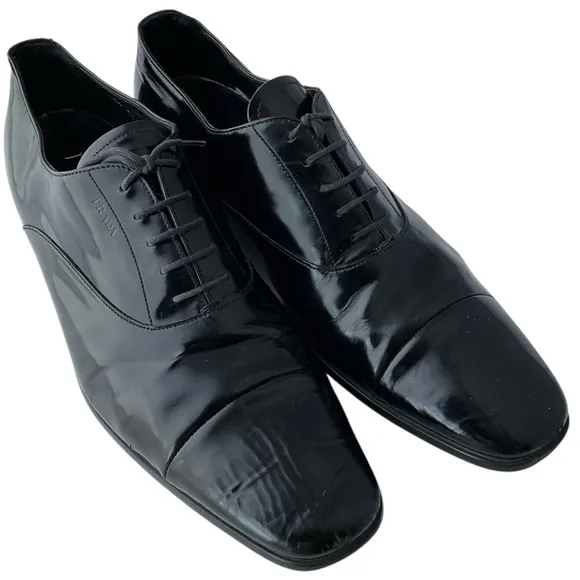 PRADA Black Leather Cap Toe Lace Up Oxford Dress Shoes Men’s Size UK 11 / US 12