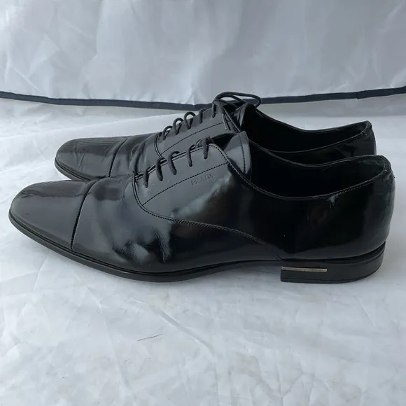 PRADA Black Leather Cap Toe Lace Up Oxford Dress Shoes Men’s Size UK 11 / US 12