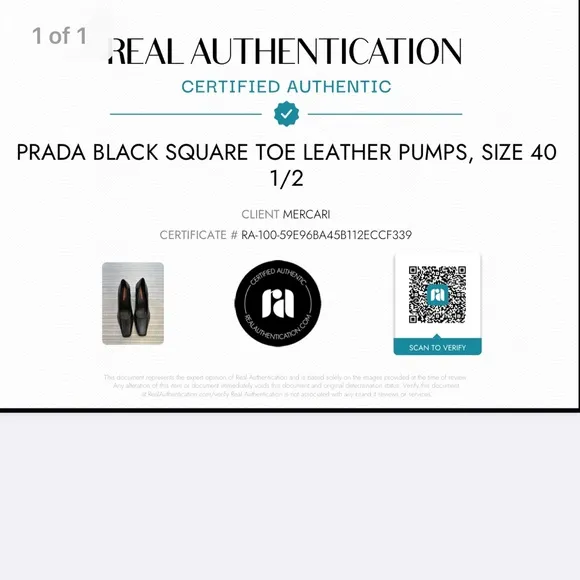 PRADA Black Square Toe Leather Pumps, Size 40 1/2 (certificate of authenticity)