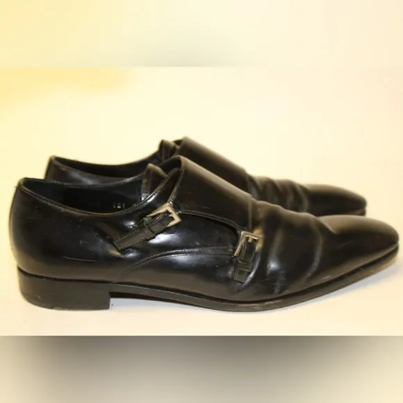 Prada Mens US 12 UK 11 Polished Black Leather Double Monk Strap Italy Made Shoes