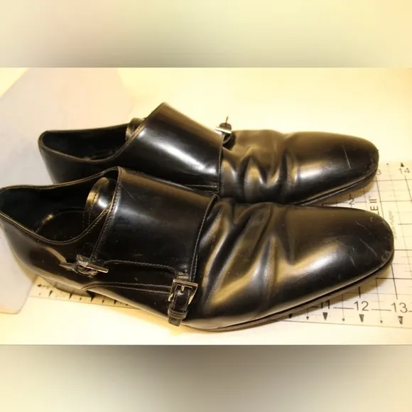 Prada Mens US 12 UK 11 Polished Black Leather Double Monk Strap Italy Made Shoes