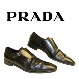 Prada Mens US 12 UK 11 Polished Black Leather Double Monk Strap Italy Made Shoes