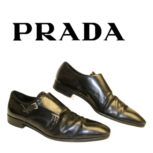 Prada Mens US 12 UK 11 Polished Black Leather Double Monk Strap Italy Made Shoes