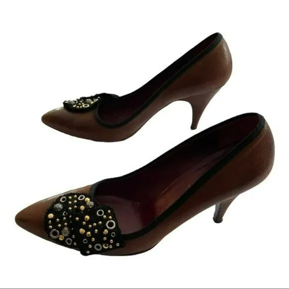 Prada Shoes Brown Embellished Pointed Heels Size 38.5 US 8.5