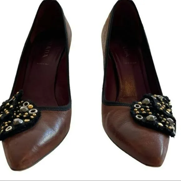 Prada Shoes Brown Embellished Pointed Heels Size 38.5 US 8.5