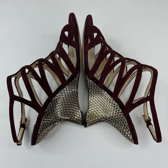 Prada Women's Burgundy Open Toe Strappy Wedge Metallic Sandal EU 37.5 / US 7