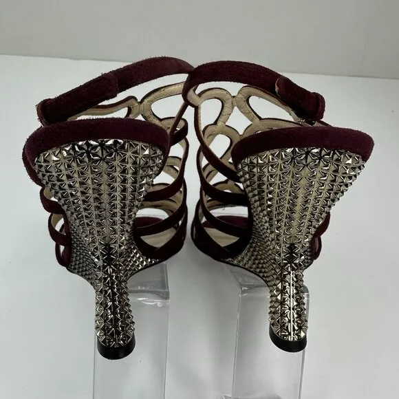 Prada Women's Burgundy Open Toe Strappy Wedge Metallic Sandal EU 37.5 / US 7