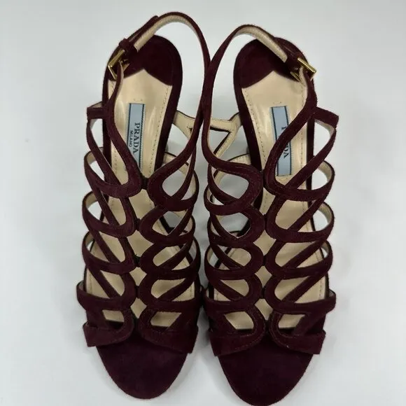 Prada Women's Burgundy Open Toe Strappy Wedge Metallic Sandal EU 37.5 / US 7