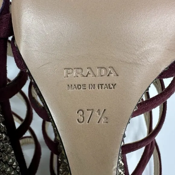 Prada Women's Burgundy Open Toe Strappy Wedge Metallic Sandal EU 37.5 / US 7