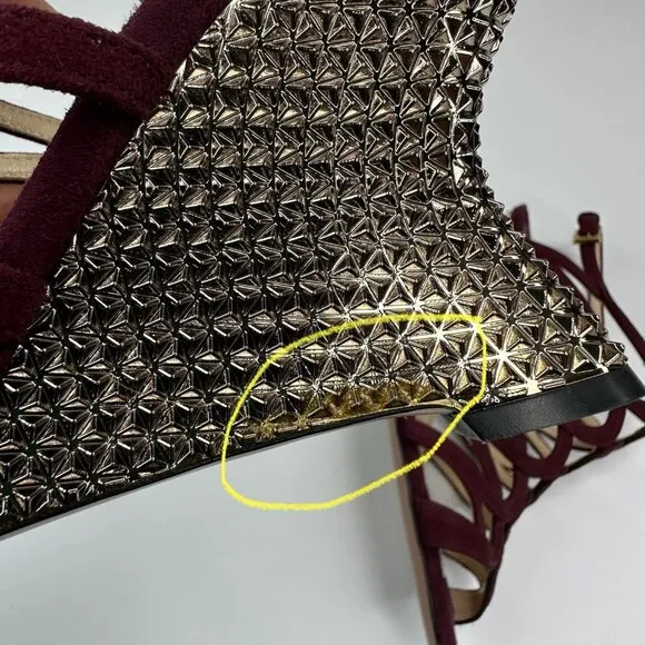 Prada Women's Burgundy Open Toe Strappy Wedge Metallic Sandal EU 37.5 / US 7