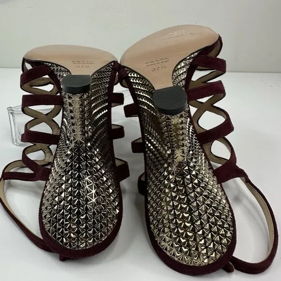 Prada Women's Burgundy Open Toe Strappy Wedge Metallic Sandal EU 37.5 / US 7
