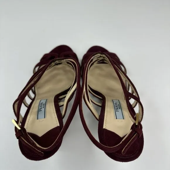 Prada Women's Burgundy Open Toe Strappy Wedge Metallic Sandal EU 37.5 / US 7