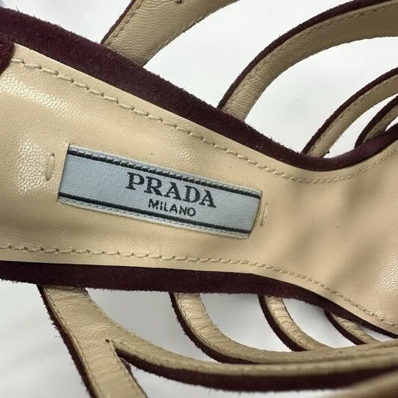 Prada Women's Burgundy Open Toe Strappy Wedge Metallic Sandal EU 37.5 / US 7