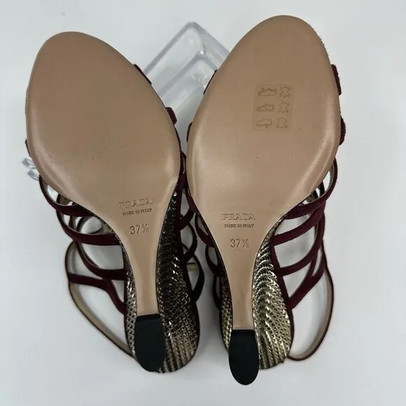 Prada Women's Burgundy Open Toe Strappy Wedge Metallic Sandal EU 37.5 / US 7