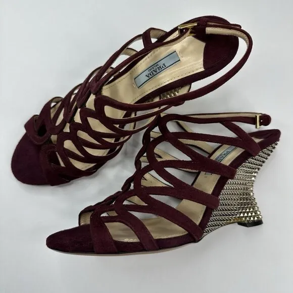 Prada Women's Burgundy Open Toe Strappy Wedge Metallic Sandal EU 37.5 / US 7