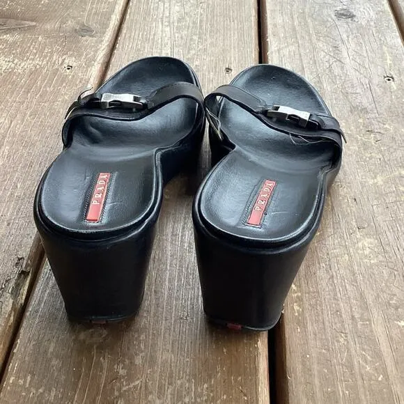 Prada Y2K Black Platform Buckle Chunky Strap Sandals Shoes 39.5