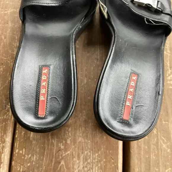 Prada Y2K Black Platform Buckle Chunky Strap Sandals Shoes 39.5