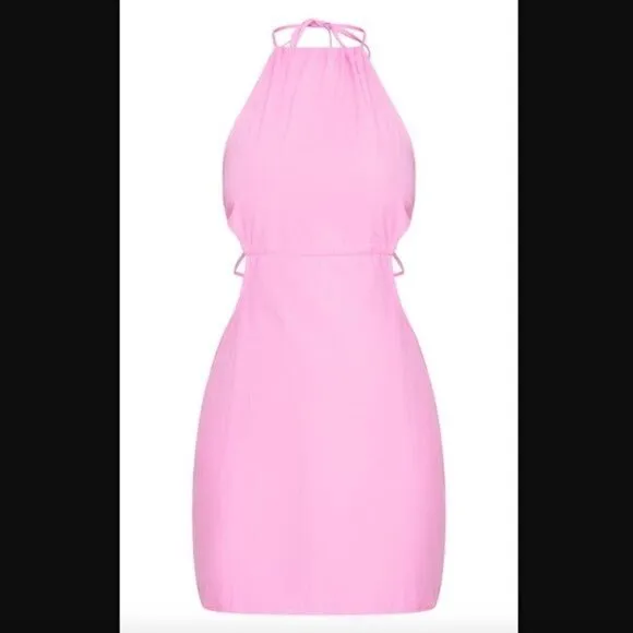 PrettyLittleThing Dress 8 NWT Woven Cut Out Side Halterneck Bodycon Barbie Pink