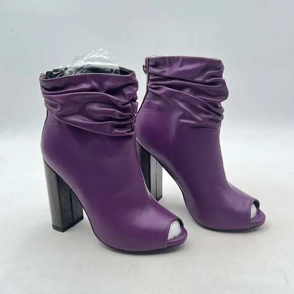 Purple Stylish Peep Toe Slouch Ankle Boots Chunky Stacked Heels Party Prom Shoes