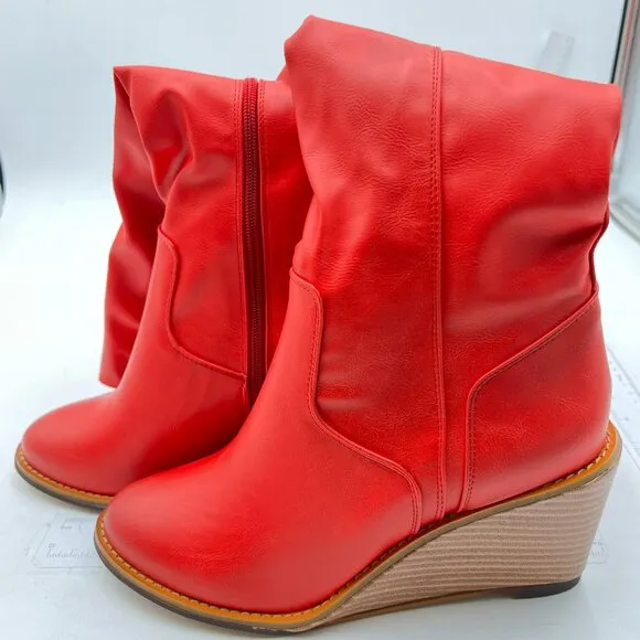 Red Women Comfortable Side Zipper Wedge High Heel Point Toe Fancy Ladies Boot