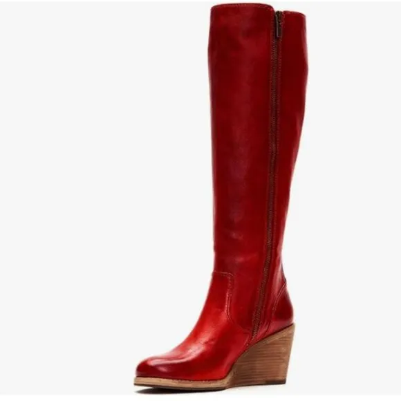 Red Women Comfortable Side Zipper Wedge High Heel Point Toe Fancy Ladies Boot