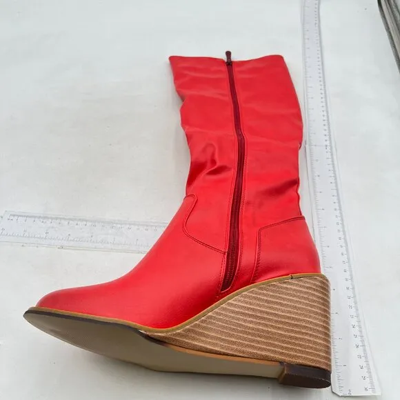 Red Women Comfortable Side Zipper Wedge High Heel Point Toe Fancy Ladies Boot
