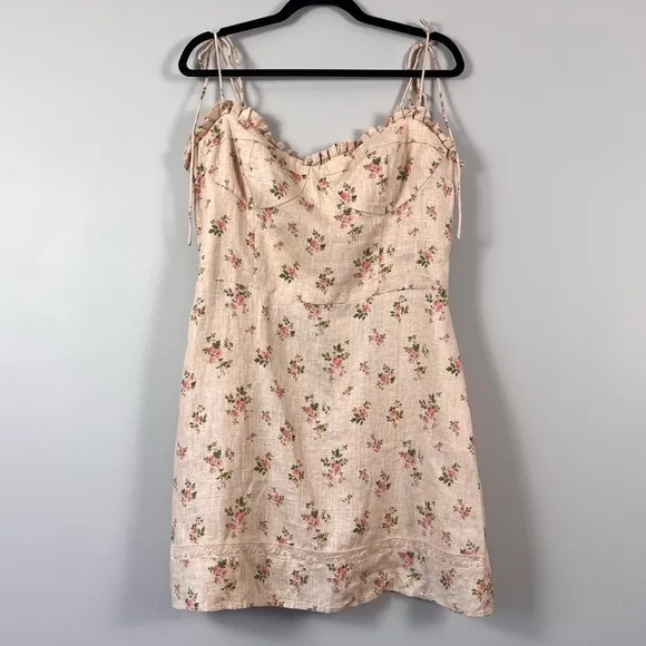 Reformation Andie Lace Trimmed Floral Print Linen Mini Dress Size 12