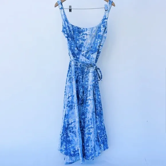 Reformation Garten Tie-Dye Sky Cloud Blue Wrap 100% Linen Midi Dress Size XS