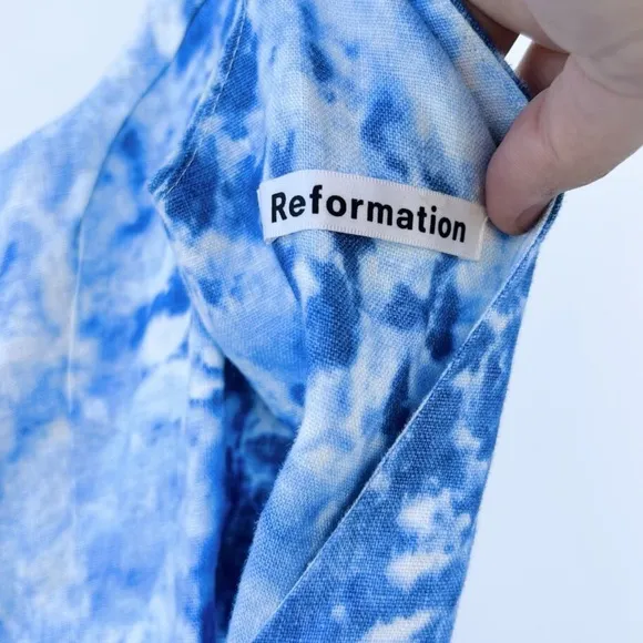 Reformation Garten Tie-Dye Sky Cloud Blue Wrap 100% Linen Midi Dress Size XS