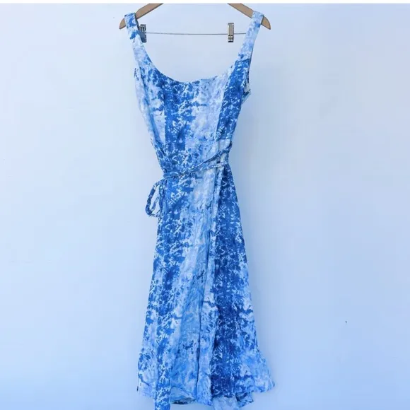 Reformation Garten Tie-Dye Sky Cloud Blue Wrap 100% Linen Midi Dress Size XS