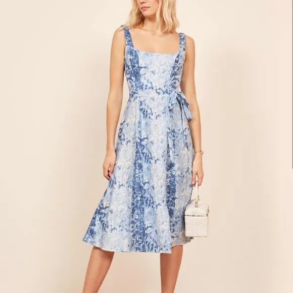 Reformation Garten Tie-Dye Sky Cloud Blue Wrap 100% Linen Midi Dress Size XS