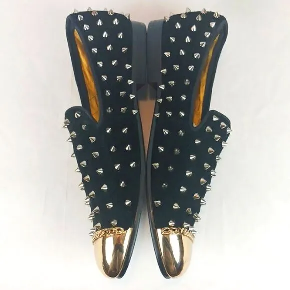 RESSO ROTH men's black suede gold studs and metal toe / chain loafers size 8