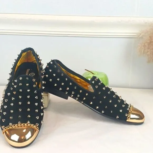 RESSO ROTH men's black suede gold studs and metal toe / chain loafers size 8
