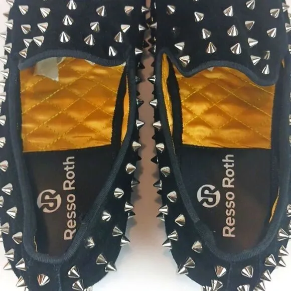 RESSO ROTH men's black suede gold studs and metal toe / chain loafers size 8