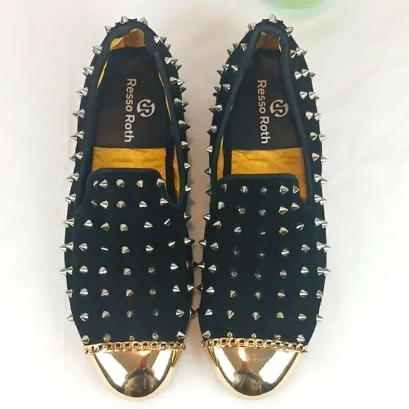 RESSO ROTH men's black suede gold studs and metal toe / chain loafers size 8