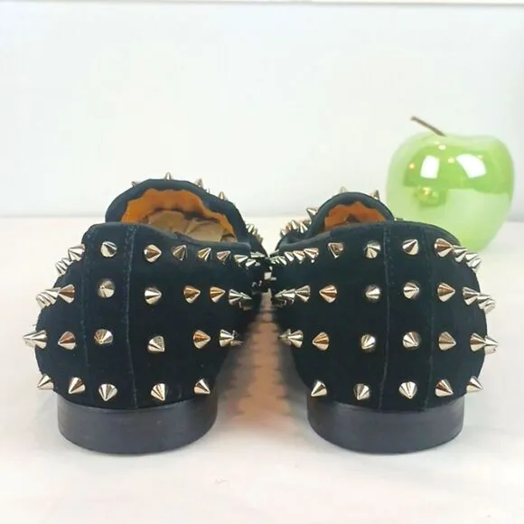 RESSO ROTH men's black suede gold studs and metal toe / chain loafers size 8